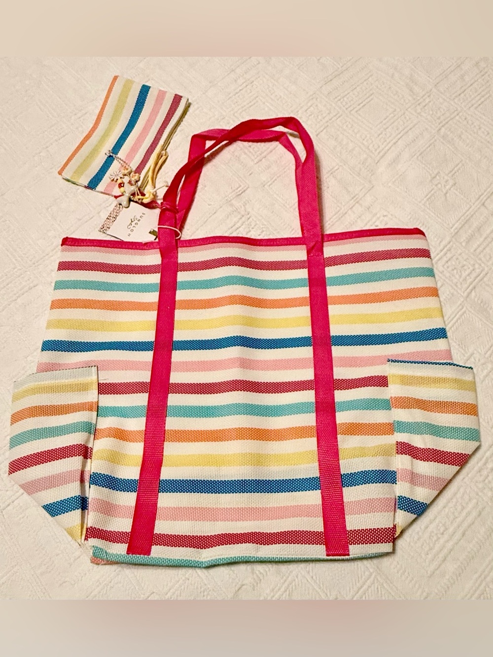 Tote - large beach bag & small clutch - beachy stripes - outside pockets. New!